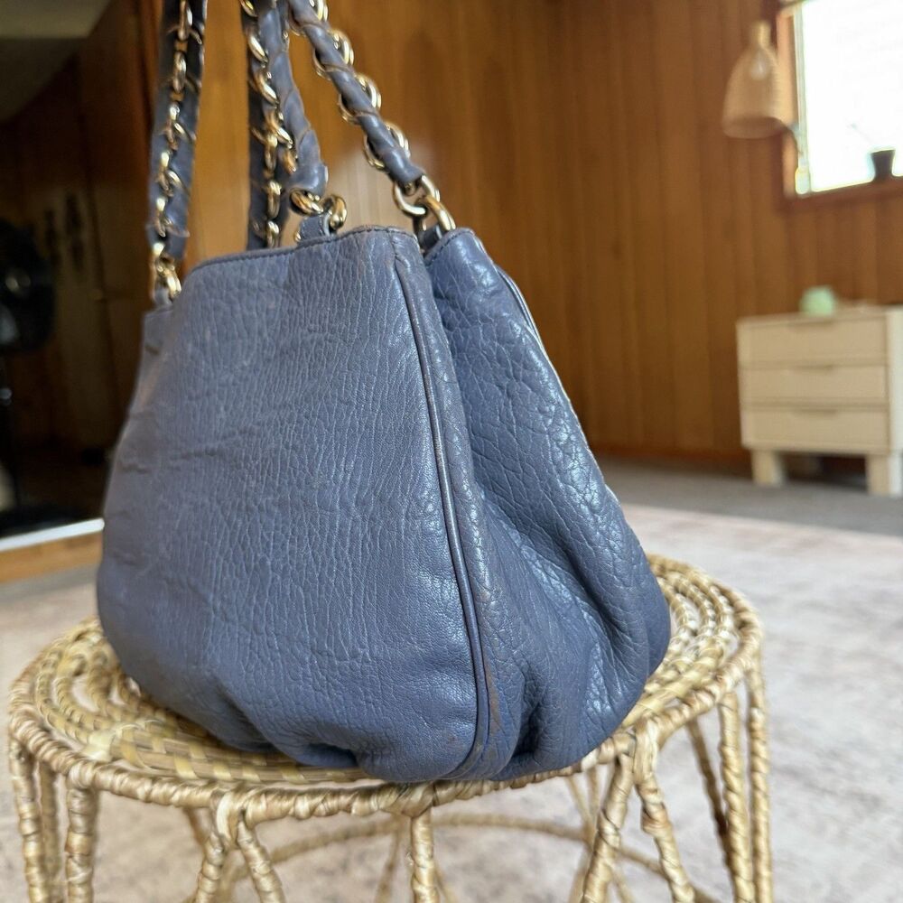 FENDI Crinkled Lambskin Mia Tote Blue Gray Leather Shoulder Handbag Authentic - Picture 4 of 16
